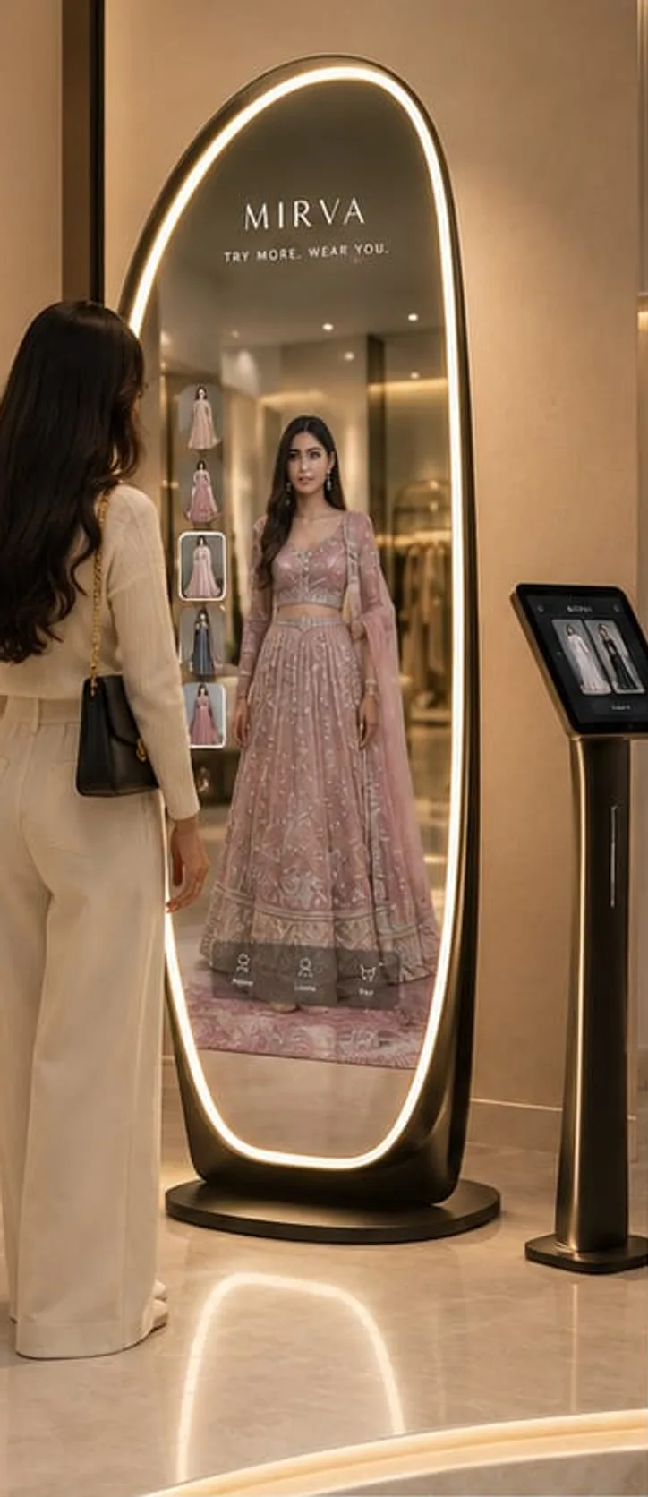Design concept: a shopper in front of a tall bronze MIRVA mirror in a boutique, seeing herself in a pink lehenga