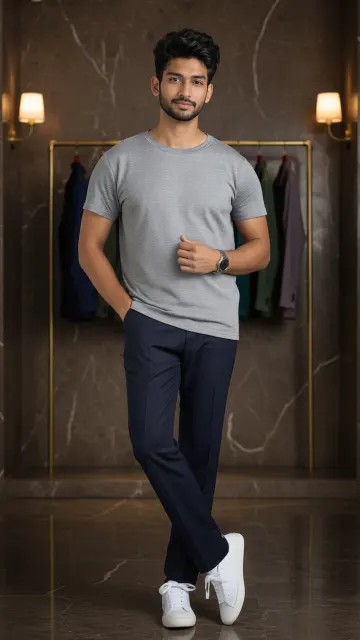 The photo he starts with: a grey t-shirt, dark trousers and white sneakers