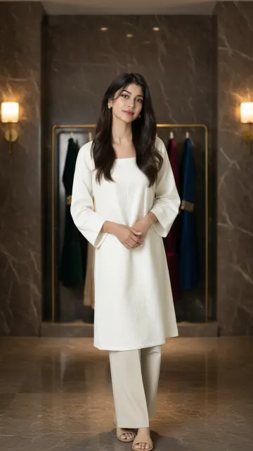 The photo she starts with: a plain white kurta