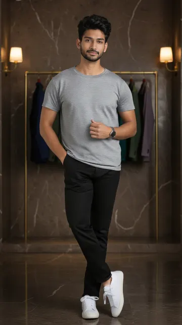 MIRVA portrait in Outfitters' black slim chinos, with his own t-shirt and shoes