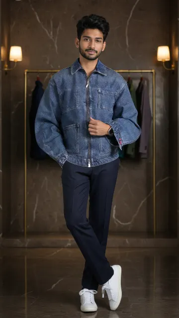 MIRVA portrait in Outfitters' zipper denim jacket, over his own t-shirt and trousers