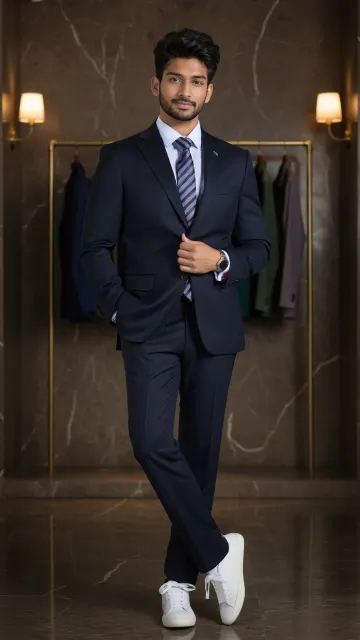 MIRVA portrait in Lawrencepur's navy two piece suit