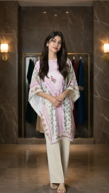 MIRVA portrait in Sapphire's printed charmeuse kaftan