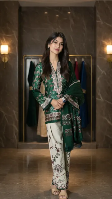 MIRVA portrait in Sapphire's 3 piece embroidered premium khaddar suit