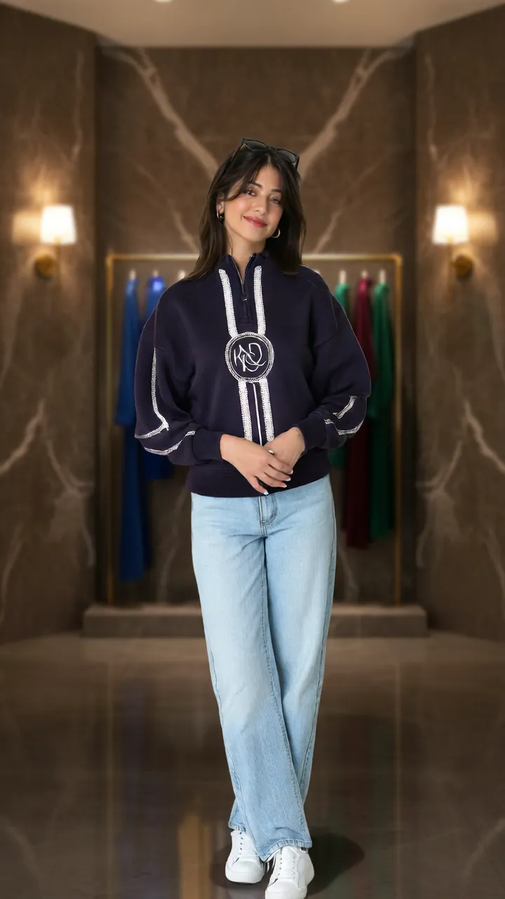 MIRVA portrait: a model in Outfitters' embroidered quarter-zip sweatshirt